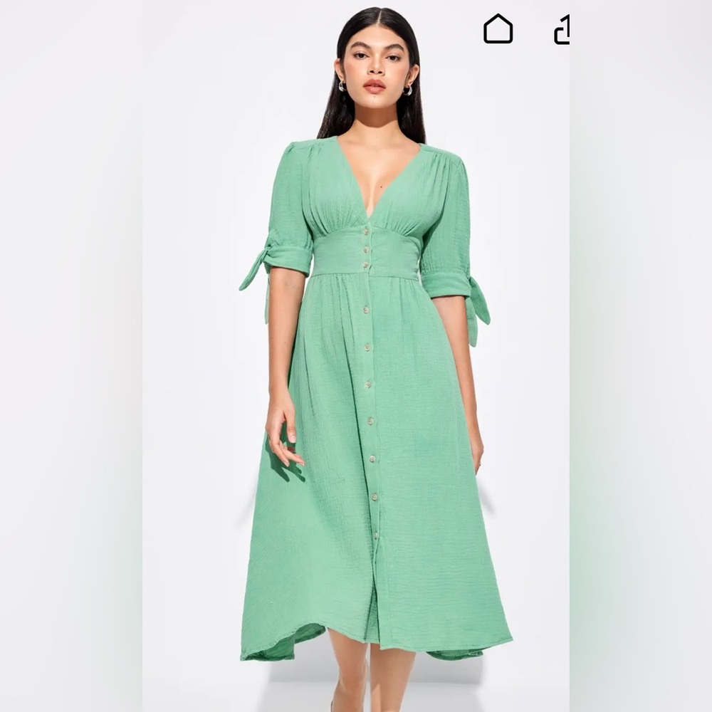 Cider Green Puff Sleeve Midi Dress